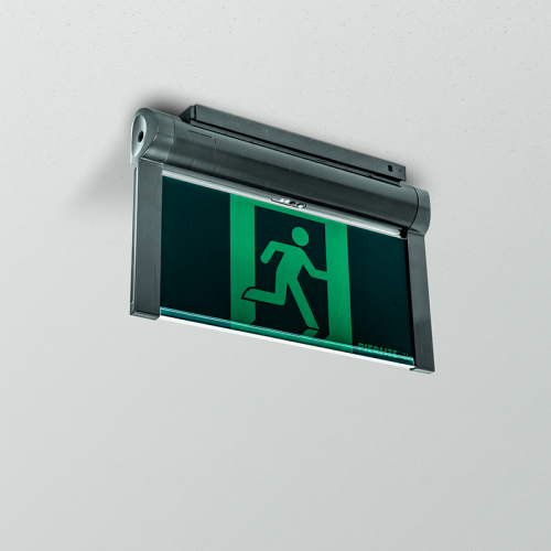 black exit sign with emergency lighting