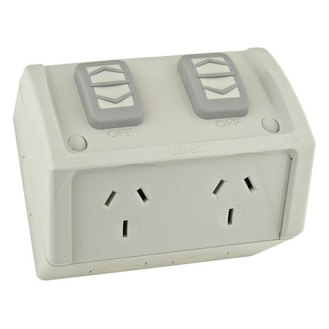Clipsal WSC227/1/215 Twin Switch Socket Outlet 250V 15A Weather Proof Standard Size Resistant Grey