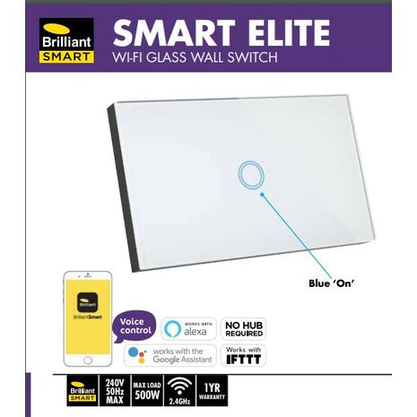 Smart Elite Glass Wall 1 Gang Switches Blue LED indictor  works with Alexa and Google Assistant