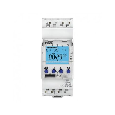 Theben Time Switch, Digital 240VAC, 1 Channel, 2 Module, Din Mount with Power Reserve, ON-OFF, Pulse, Cycle